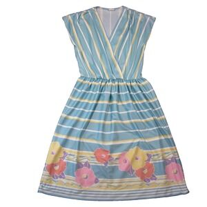 Vtg Sears Midi Dress Sz 12 Pastel Blue Floral Striped 60s 70s 80s Cottagecore‎